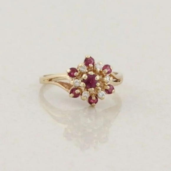 Unbranded Jewelry - 10k Yellow Gold Natural Ruby & Diamond Flower Ring Size 5 3/4